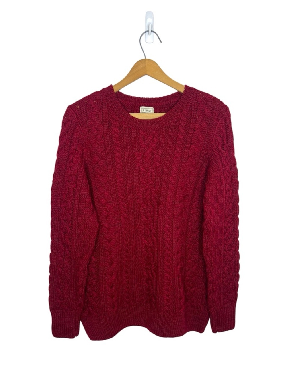 L.L.Bean Irish Wool Cable Knit Sweater Red Crewneck Chunky Fisherman Women’s L